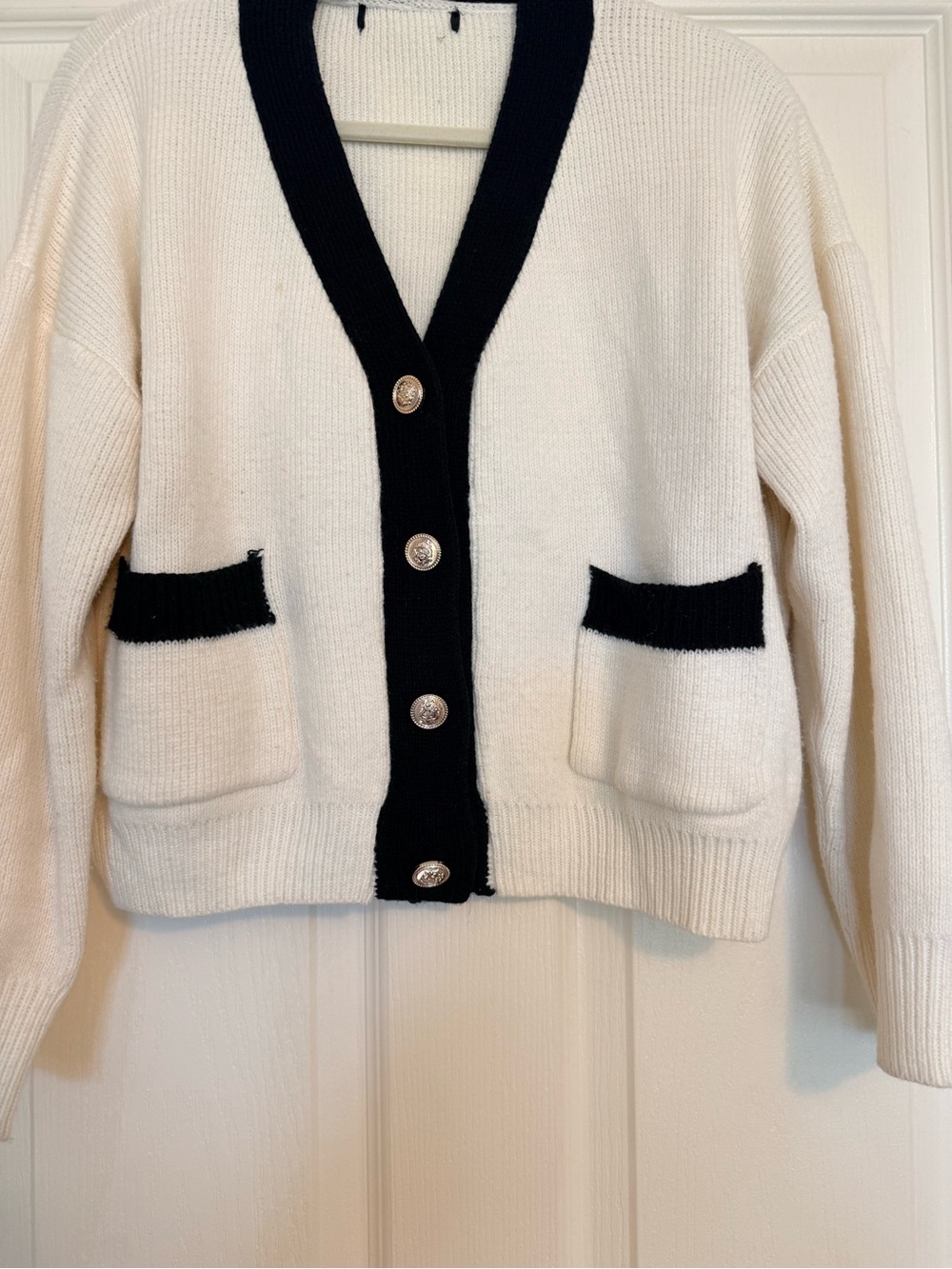 Cream and Black Contrast-Trim V-Neck Cardigan